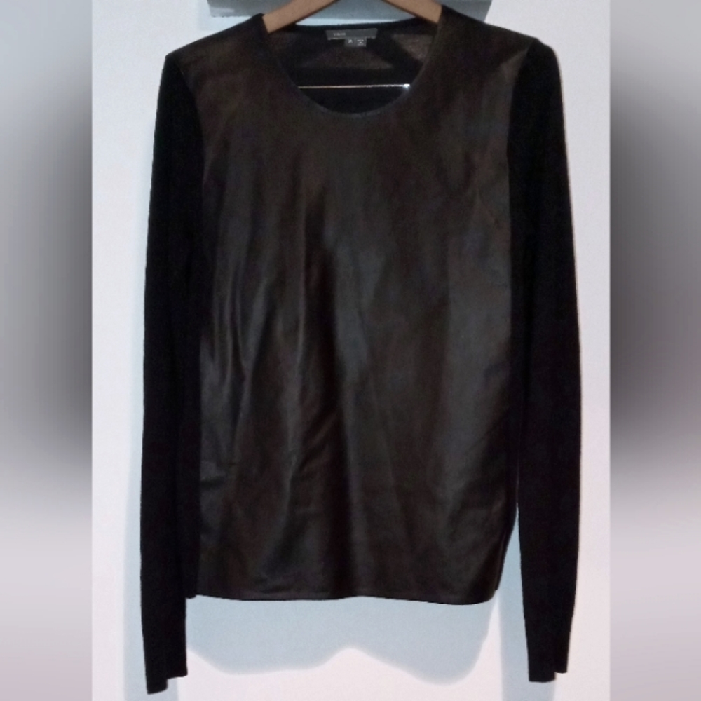 VINCE | Black, Leather, Sweater Long-Sleeve Top